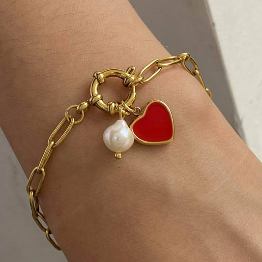Luxury Pearl Bracelet with Enamel Heart Charm, 18K