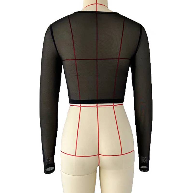 V-neck solid color gauze see-through T-shirt