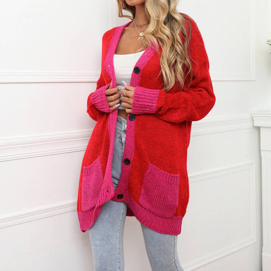Knit patchwork fashion solid color button cardigan