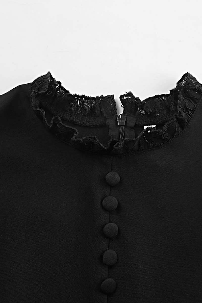 CWDSD6737_BLACK LACE TRIM LONG SLEEVE A-LINE DRESS