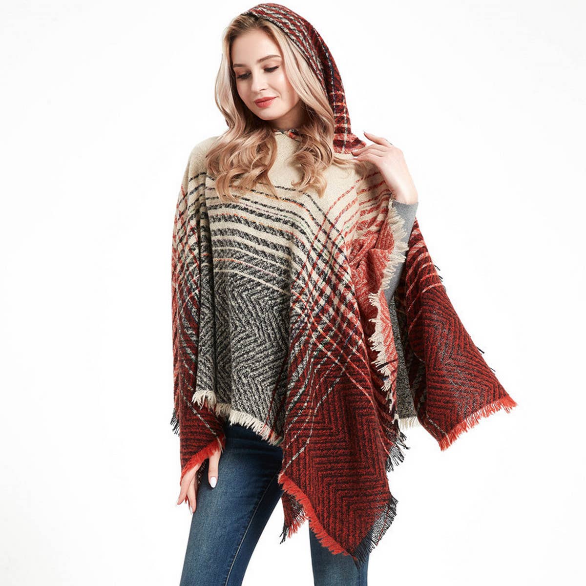 NEW HERRINGBONE GRADIENT HOODED CAPE SHAWL