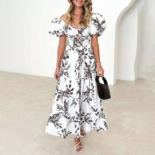 Sweet off-the-shoulder print puffy sleeve dress