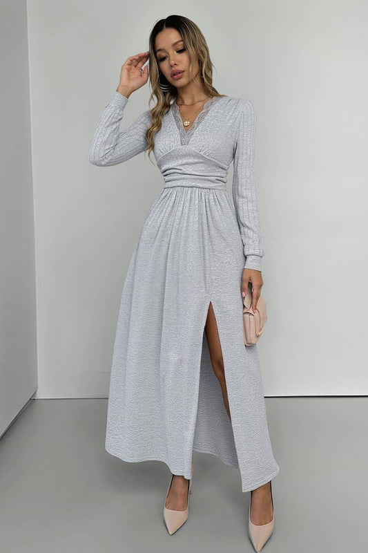 CWDMD01046_V-NECK SOLID COLOR BRUSHED SLIT LONG SKIRT