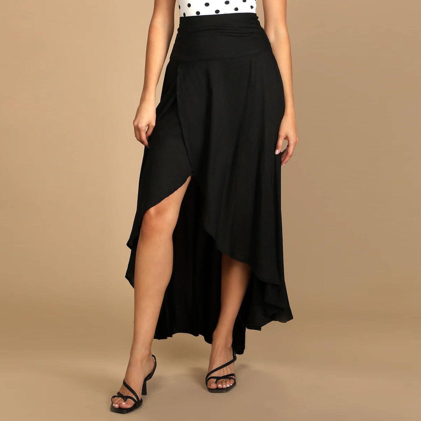 An elegant and flowing ruffled slit skirt