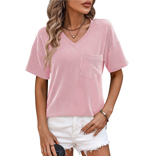 V-neck twist strip short sleeve loose T-shirt