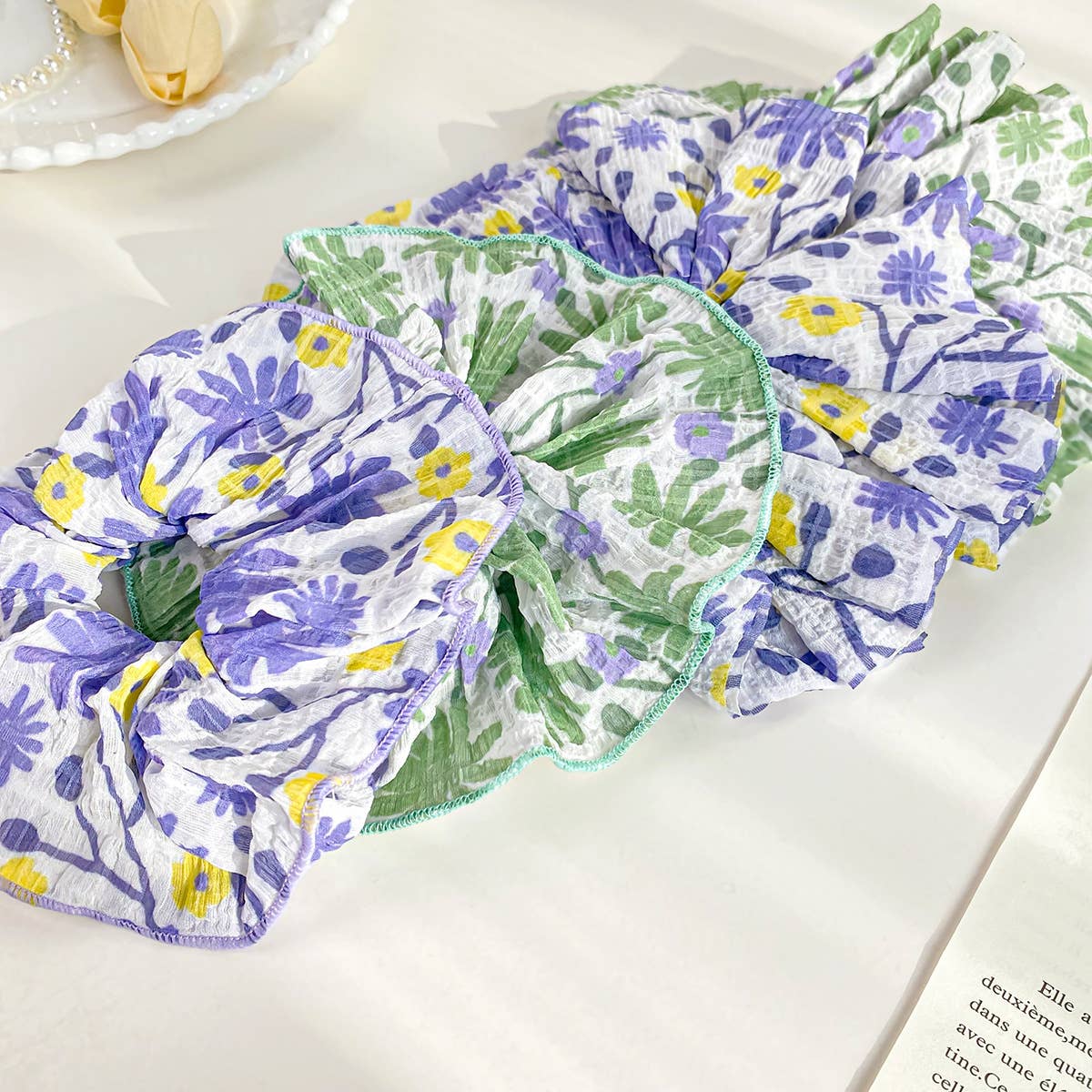 Large pleated floral intestine style hair ties
