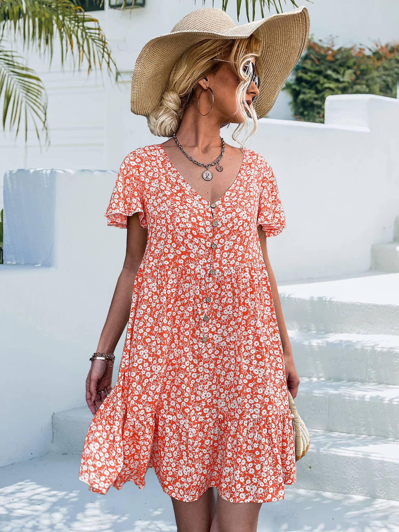 Single breasted V-neck floral loose short dress