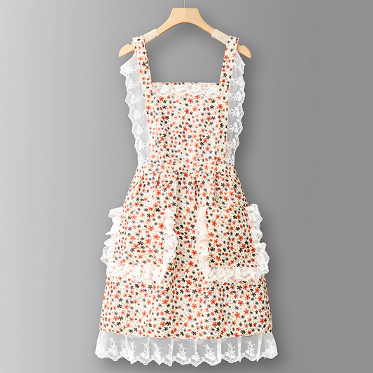 Floral Lace Trim Kitchen Apron for Women