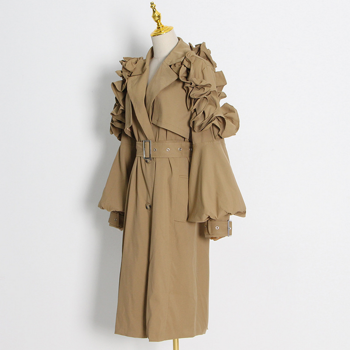 Trendy Belted Trench Coat with Ruffle & Patchwork