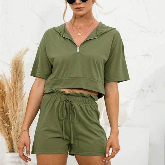 SOLID COLOR HOODED ZIPPER SHORTS CASUAL SUIT