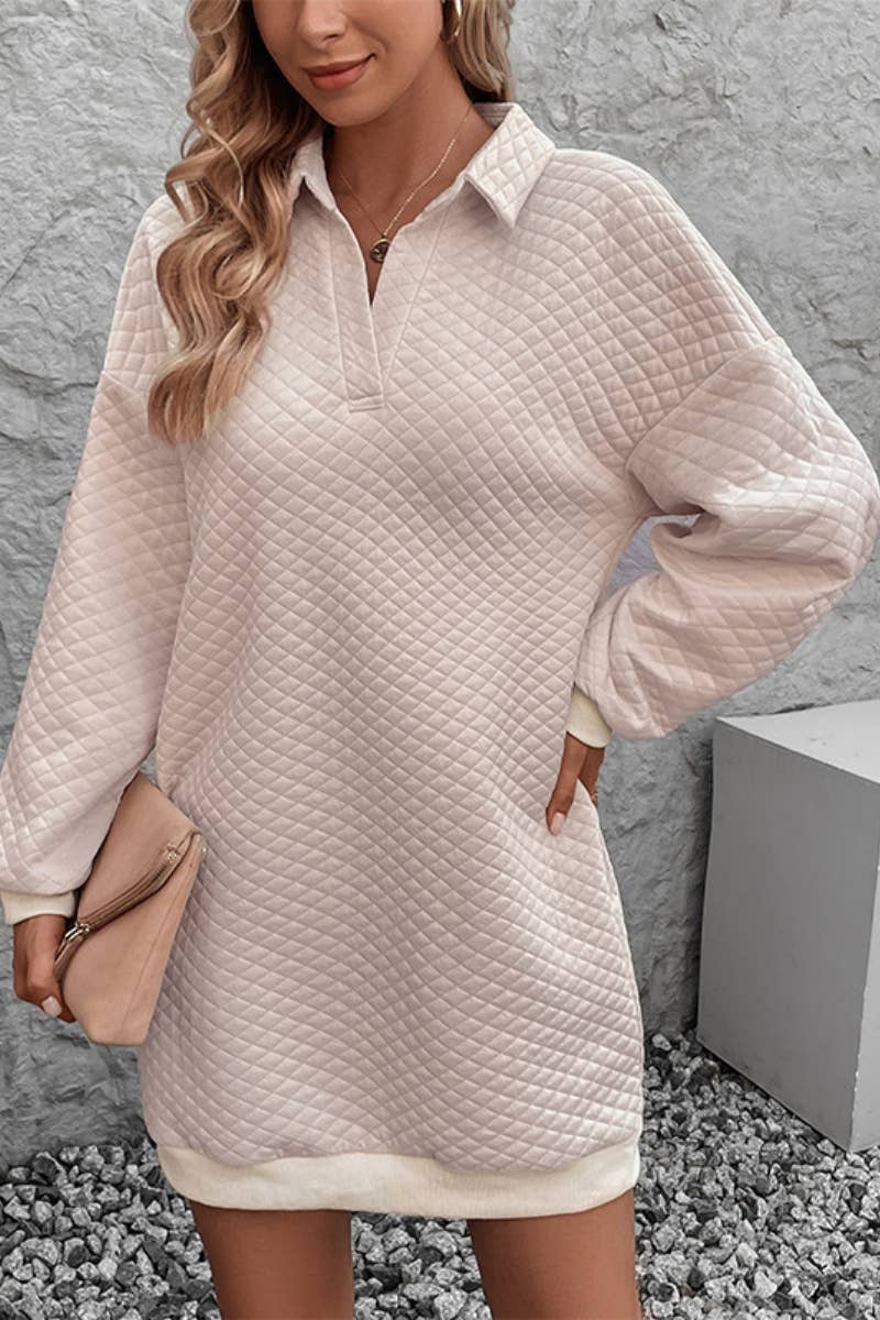 CWDSD6527_SOLID COLOR PLAID V-NECK LONG-SLEEVED DRESS SHORT