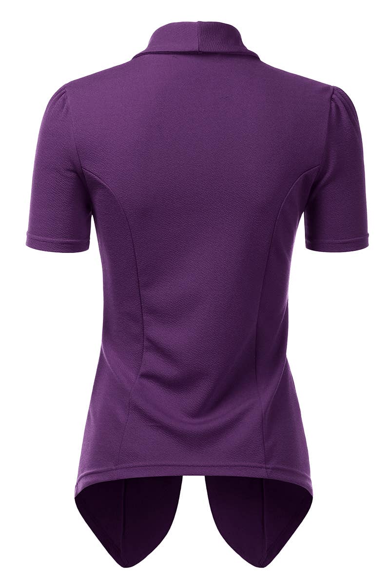 CWOBL095_Short Sleeve Open Front Draped Ruffles Blouses