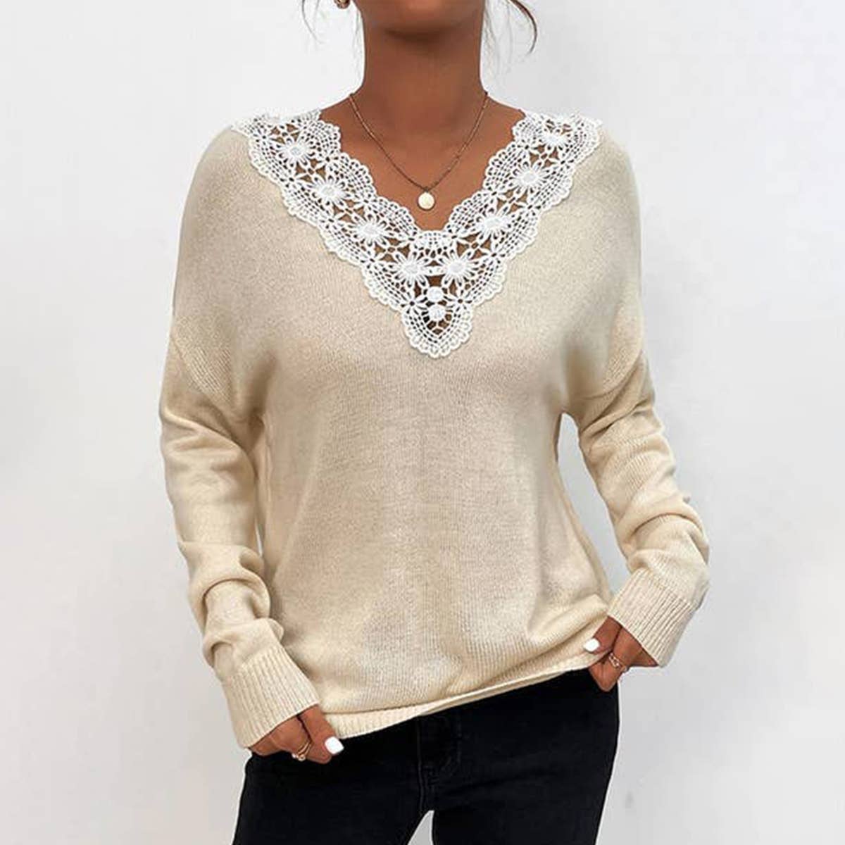 V-neck lace lace solid color pullover sweater