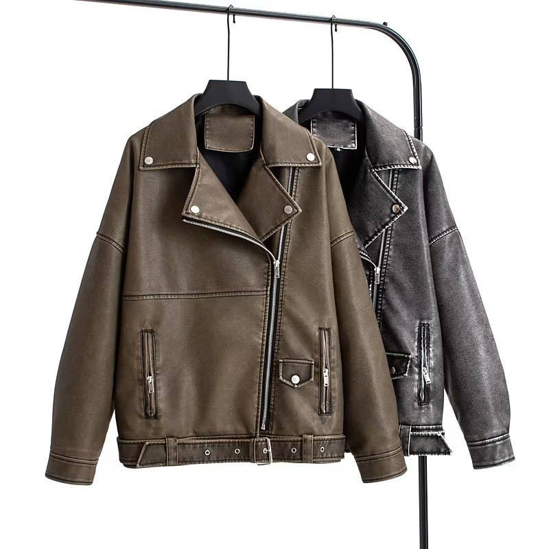 Washed PU leather lapel heavy zipper leather coat