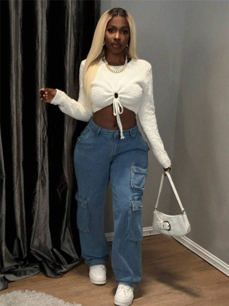 Slim short plush cutout drawstring sweater