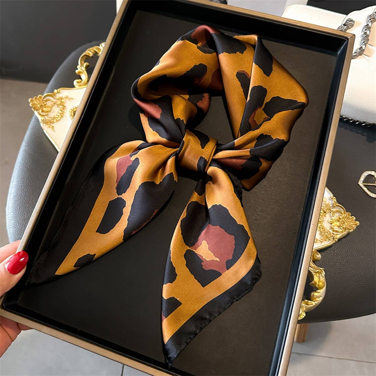 Leopard Print Satin Square Scarf, Hair Wrap