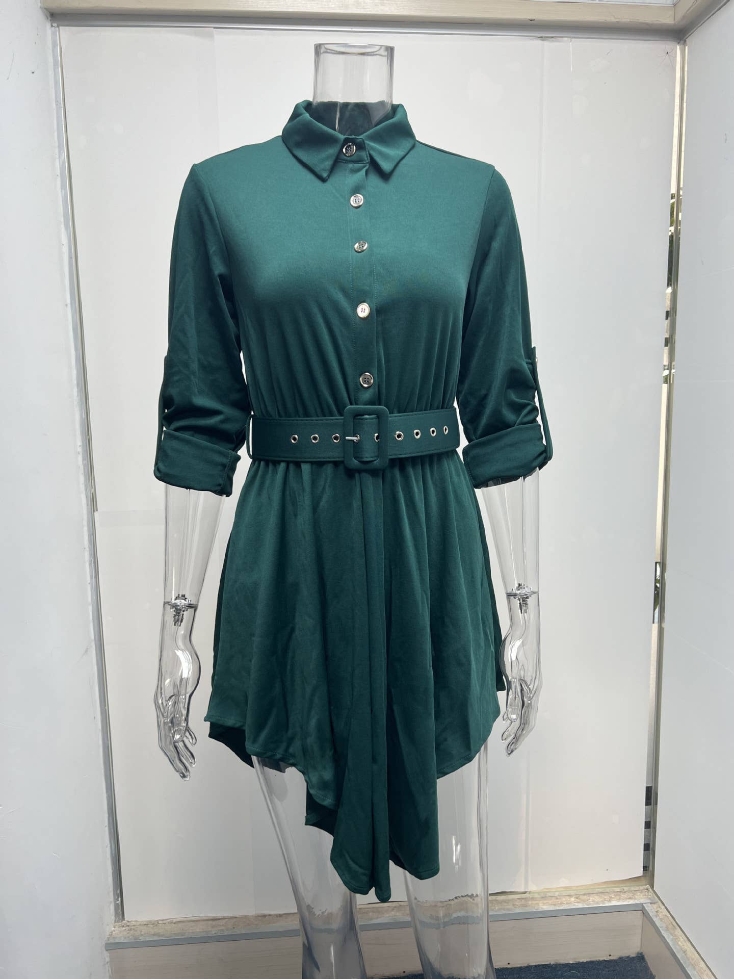 Rolled-up sleeves cinched waist shirt dress
