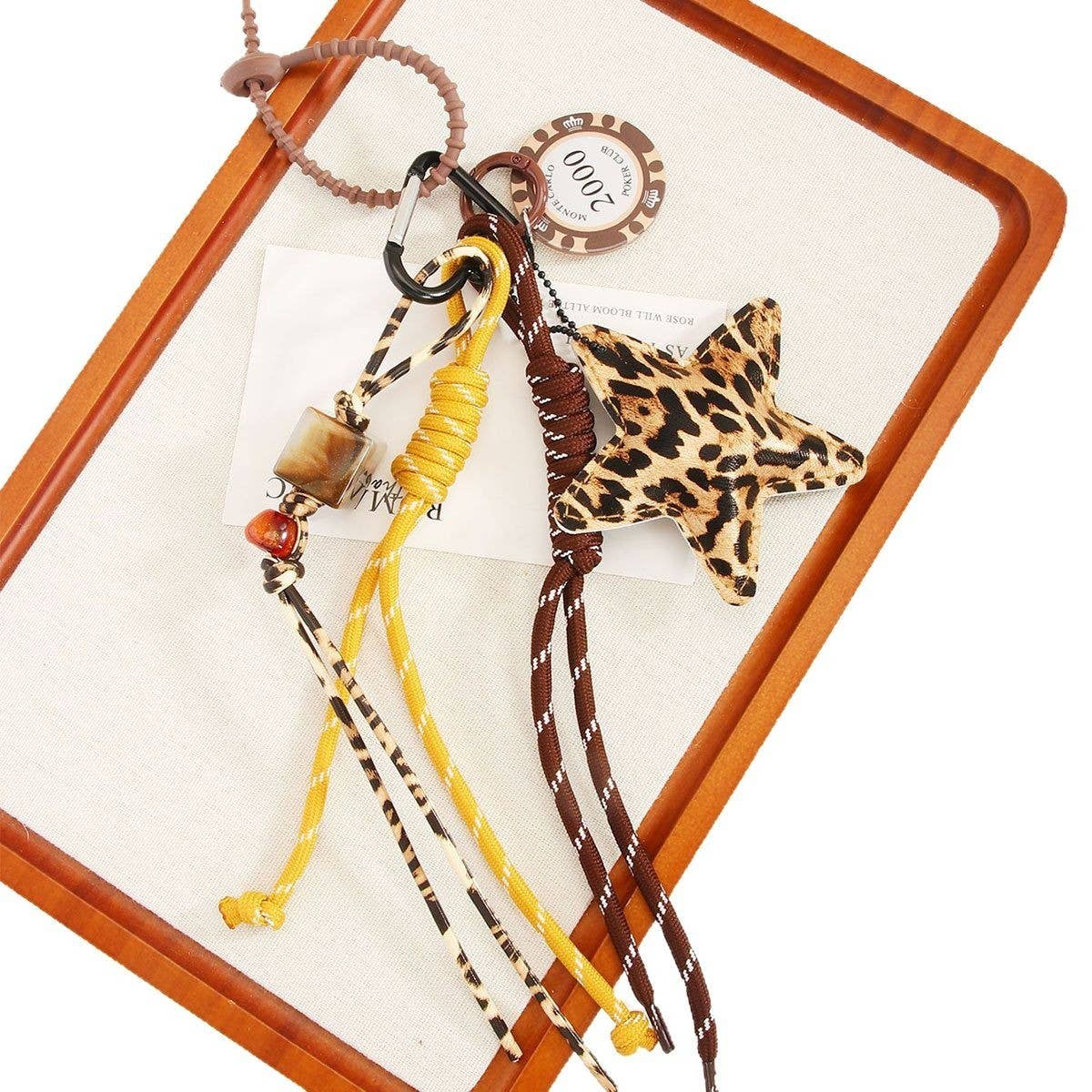 Retro Leopard Star Keychain with Beads & Chip_CWMM7624