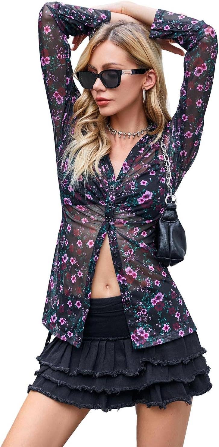 Printed Semi-Transparent Square-Neck Fitted Shirt