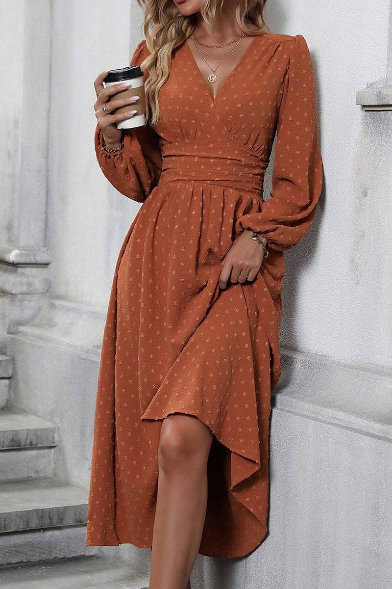 CWDMD3949_SLANTED NECK BALLOON SLEEVES PLEATED WAIST DRESS