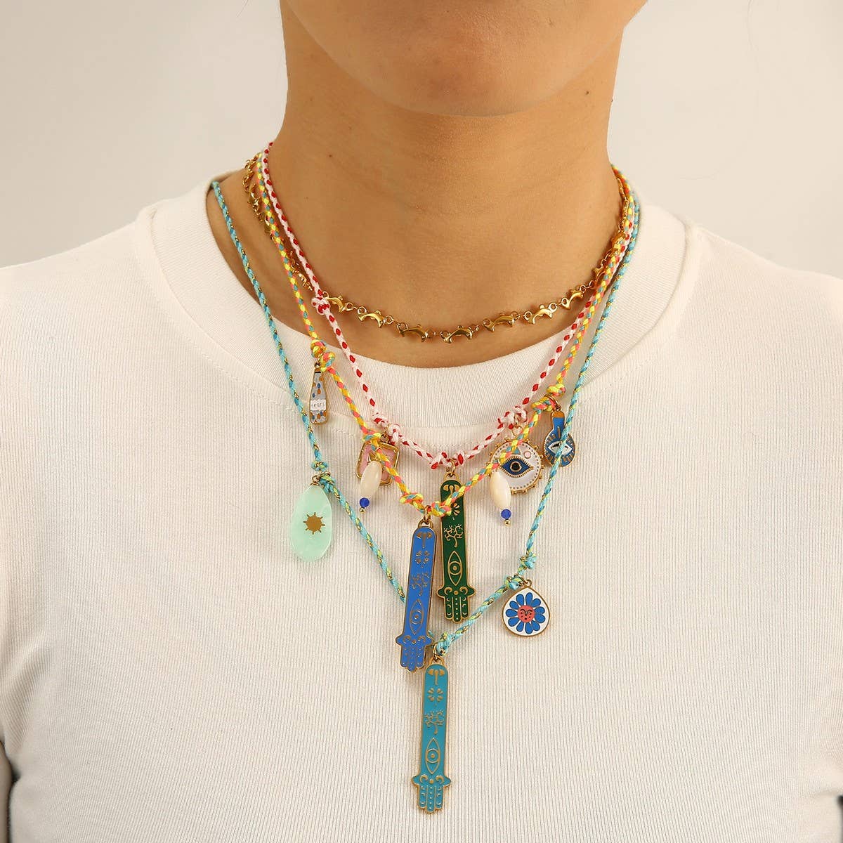 Knotted Cotton Rope Necklace with Fatima Pendant