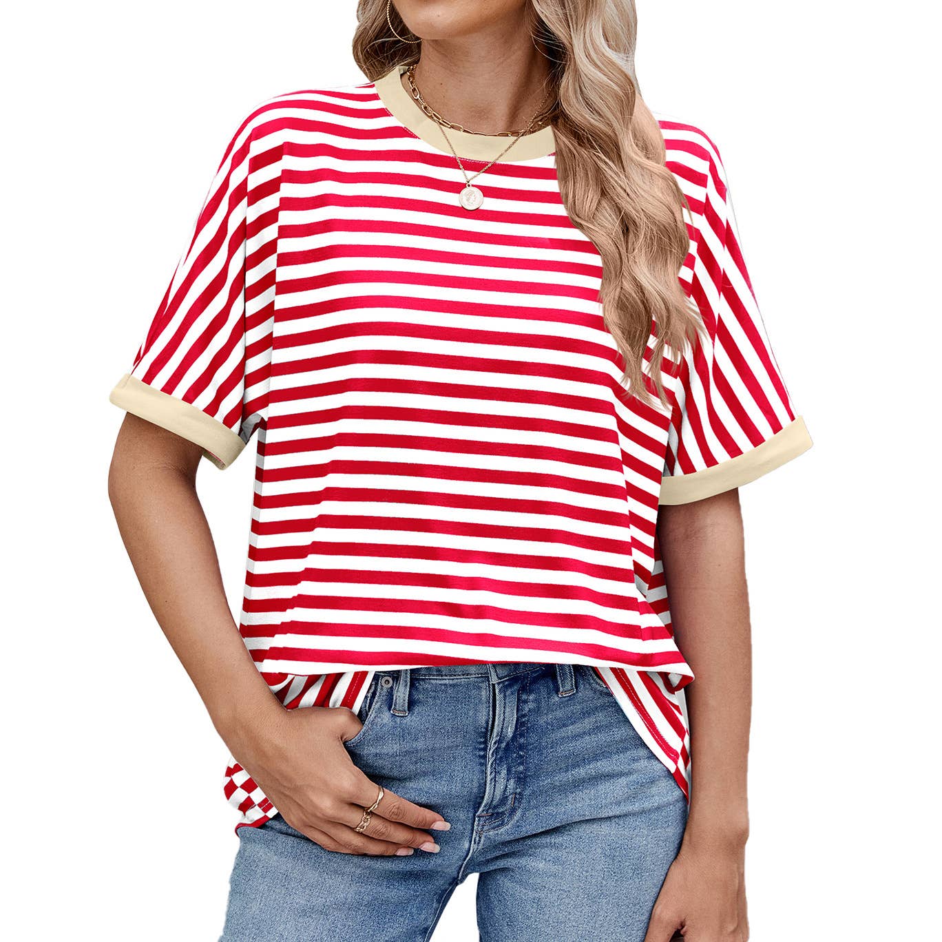 Round neck sleeved striped short-sleeved T-shirt