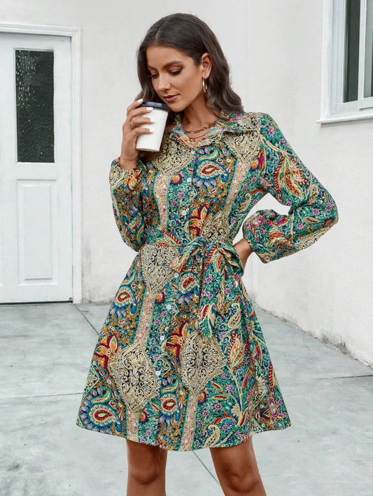 Ethnic style printed long-sleeved shirt dress