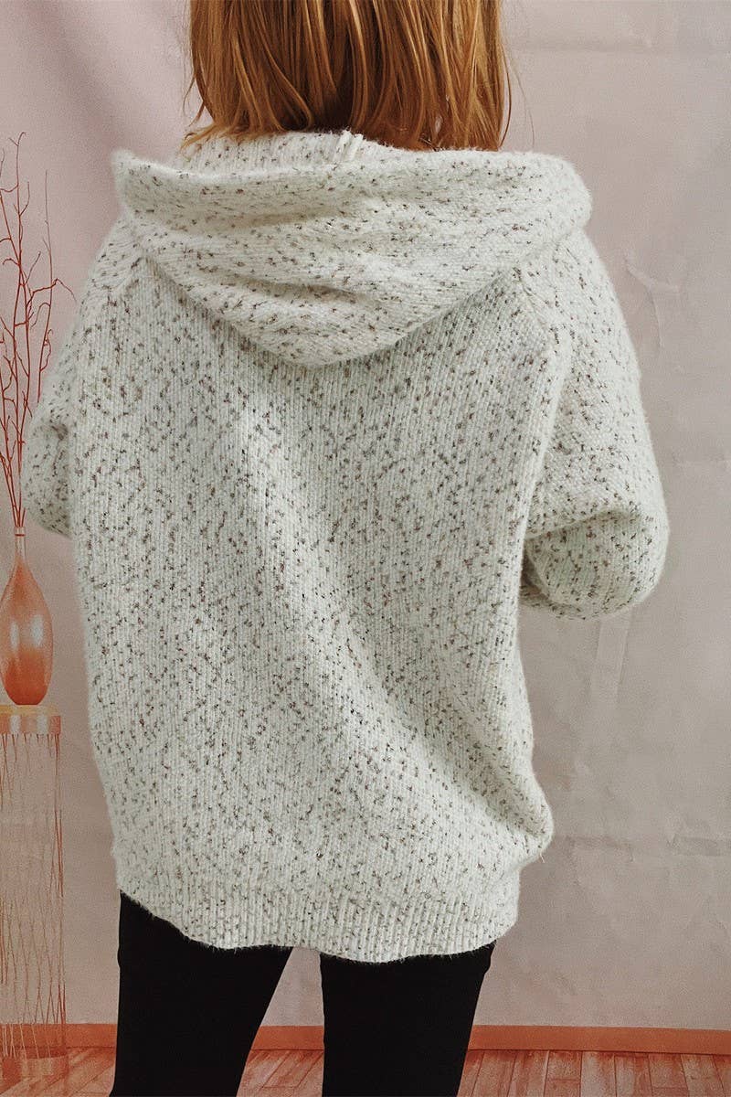 Hooded drawstring zipper pocket knit cardigan