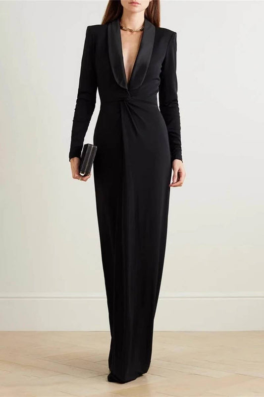 CWDMD6395_SEXY DEEP V PLEATED LONG DRESS SOLID COLOR DRESS