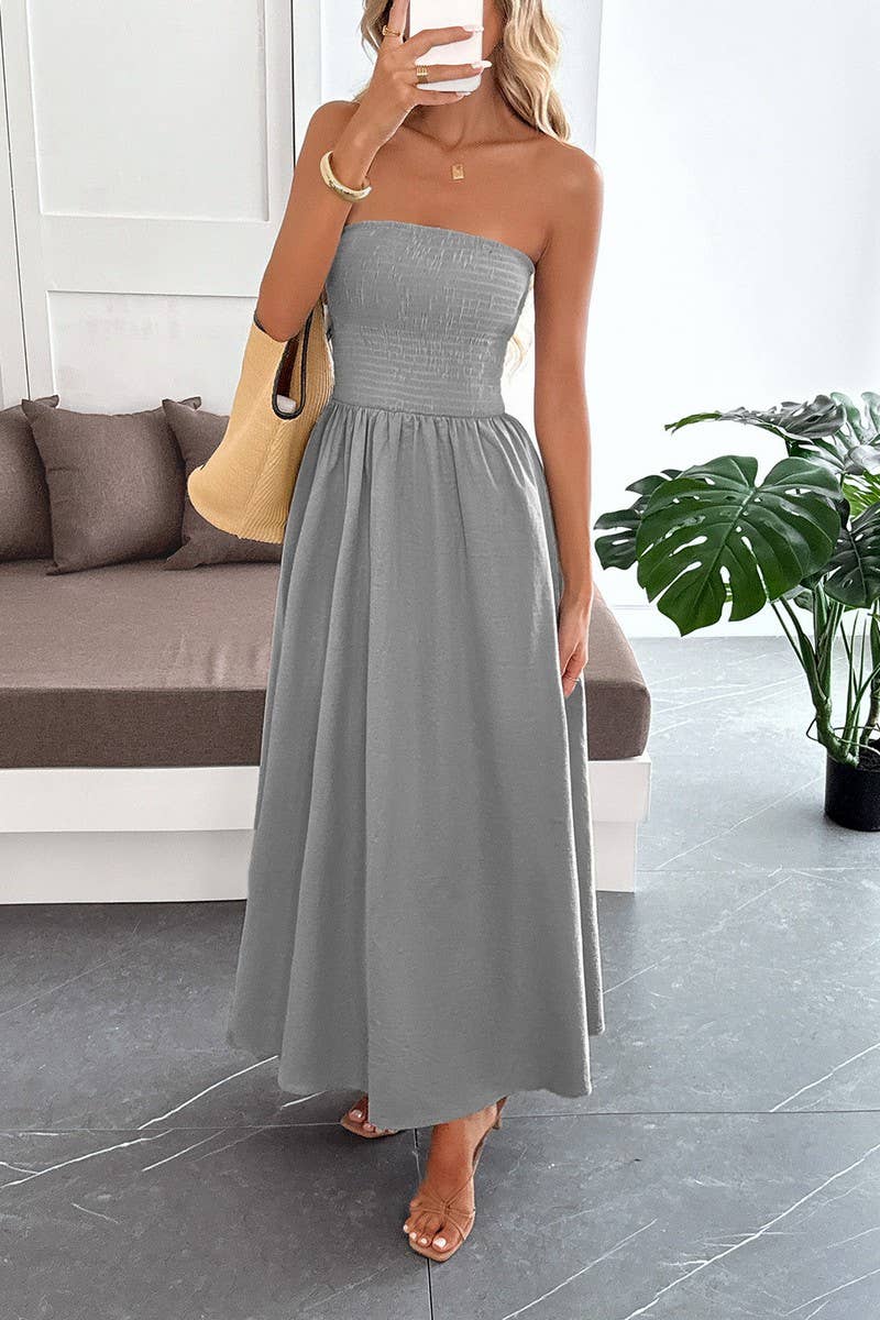 CWDTD00504_SOLID COLOR STRAPLESS WAIST TIE MAXI DRESS
