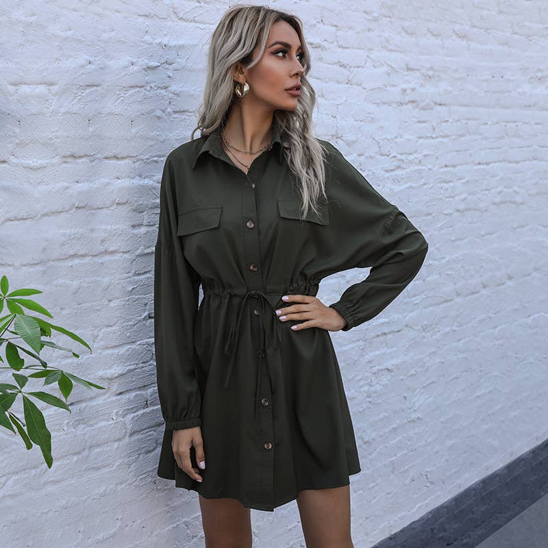 SOLID COLOR FRENCH LAPEL LONG-SLEEVED SHIRT DRESS