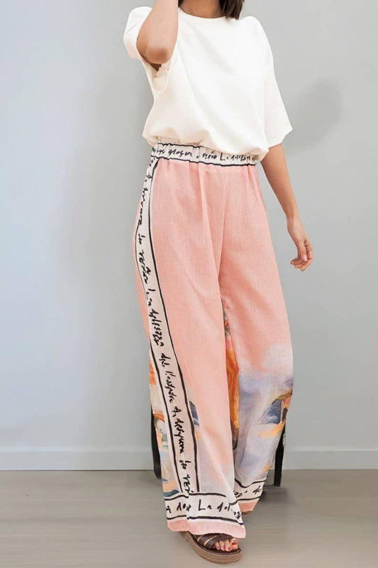 CWBLP885_GRAFFITI PRINT CASUAL WIDE-LEG STRAIGHT-LEG PANTS
