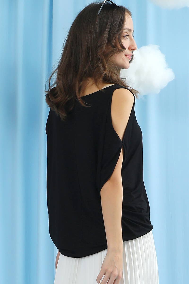 Cwtts685_Round Neck Opened Shoulder T Shirt Top