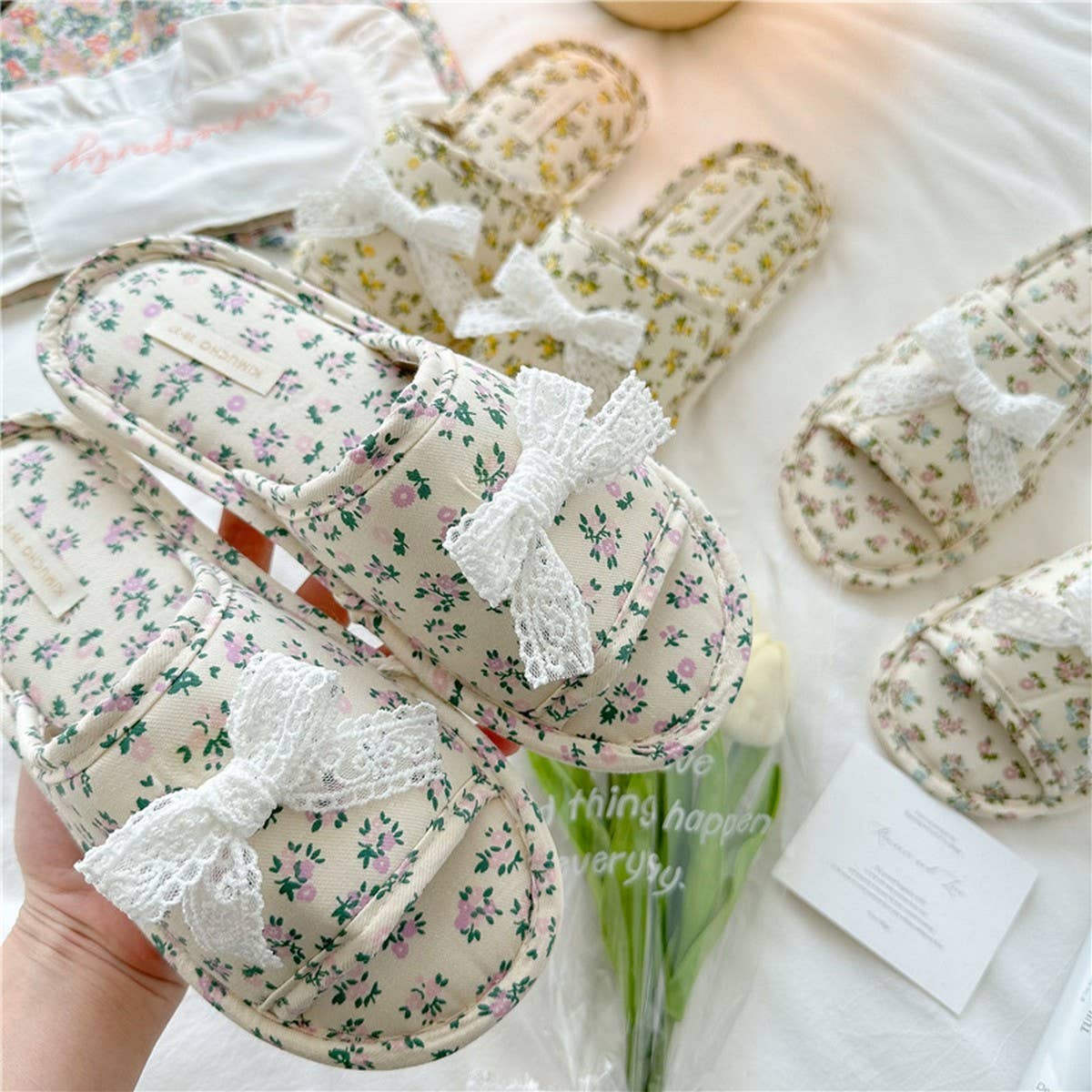 LACE BOW SMALL FLORAL THICK-SOLED HOME SLIPPERS