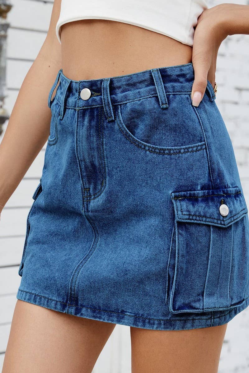 CWJSK00229_WASHED VINTAGE DENIM WORK POCKET SKIRT