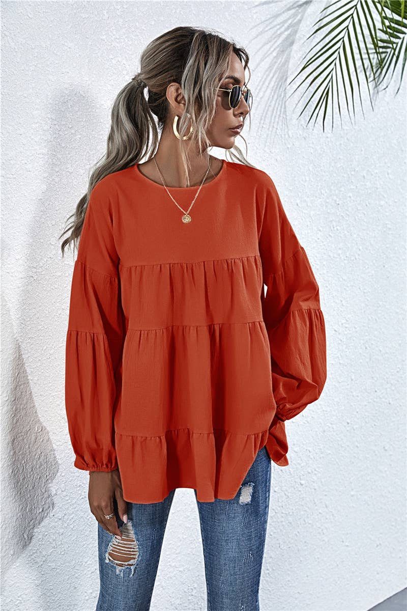 SOLID COLOR ROUND NECK LANTERN SWING LOOSE TOP