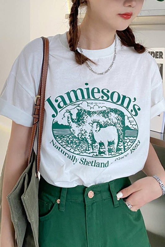 Cwtts1003_Lamb Print Round Neck Short Sleeved T Shirt