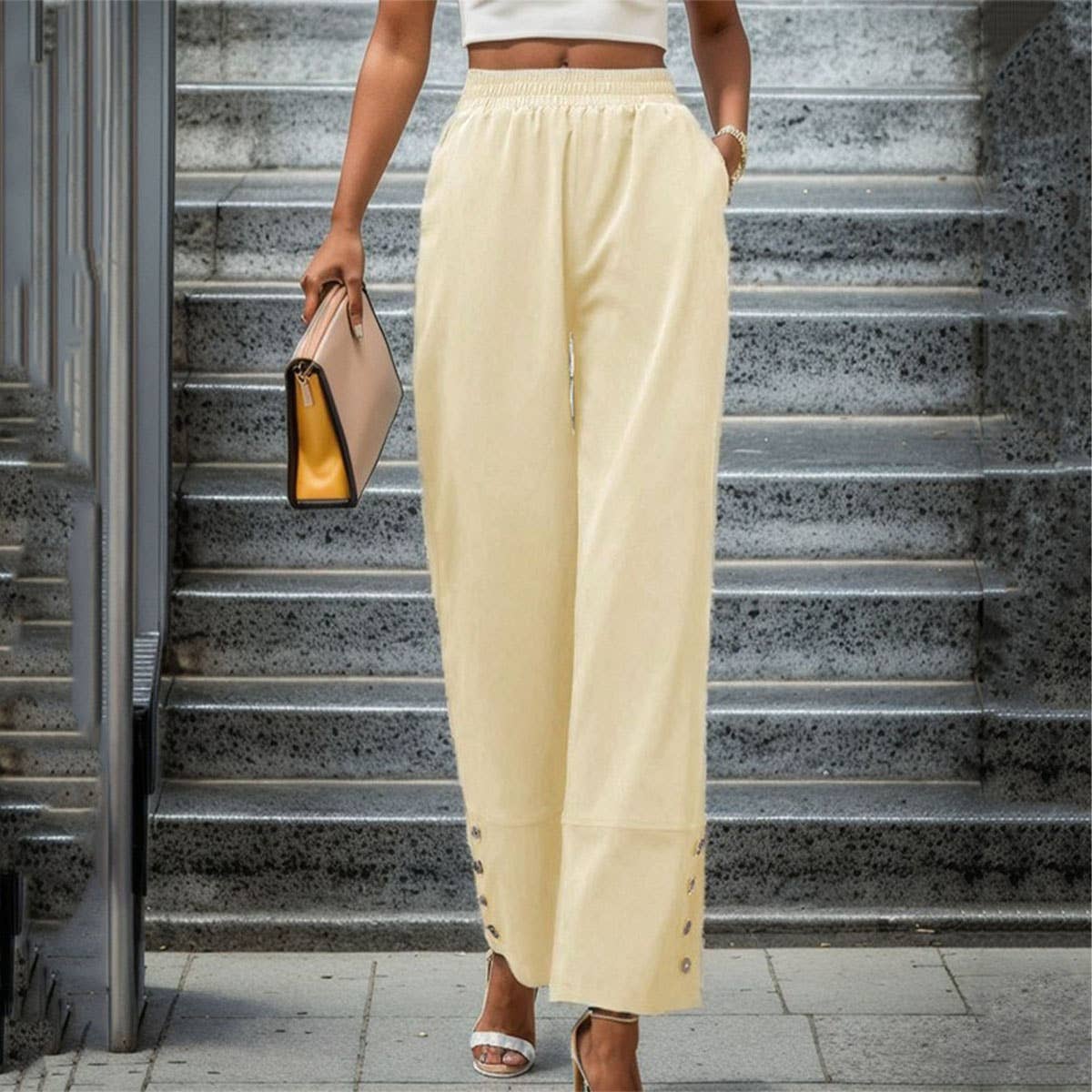 SOLID COLOR ELASTIC HIGH-WAISTED BUTTON-UP SLACKS