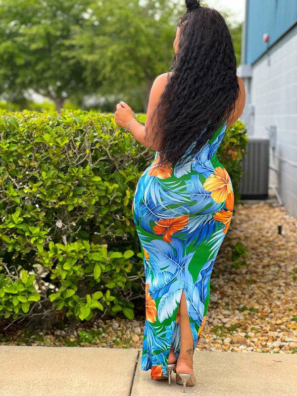 Sexy fashion print split breast wrap dress