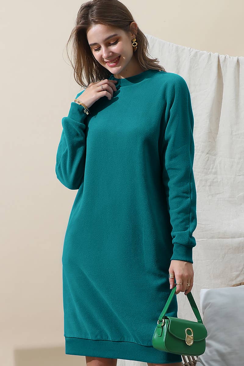 CWDMD793_R NECK FLEECE PULLOVER DRESS WITH SIDE POCKETS