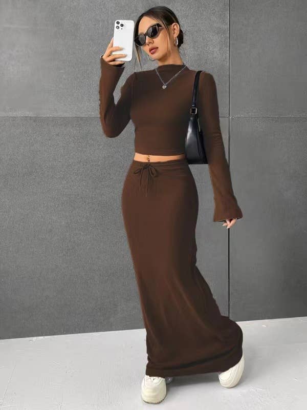 SOLID COLOR LONG SLEEVE TOP LONG SKIRT SET