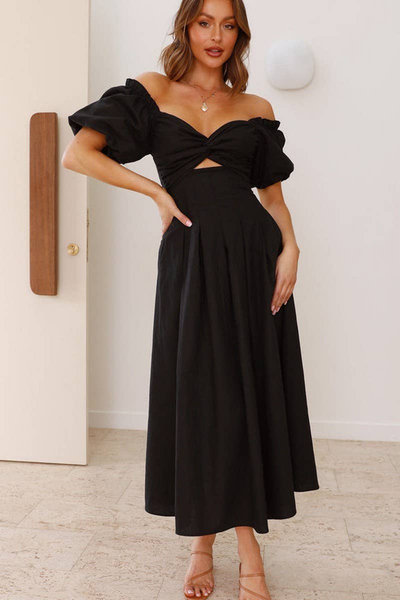 CWDMD5652_SOLID V-NECK LONG PUFF SLEEVE SLIM MAXI DRESS