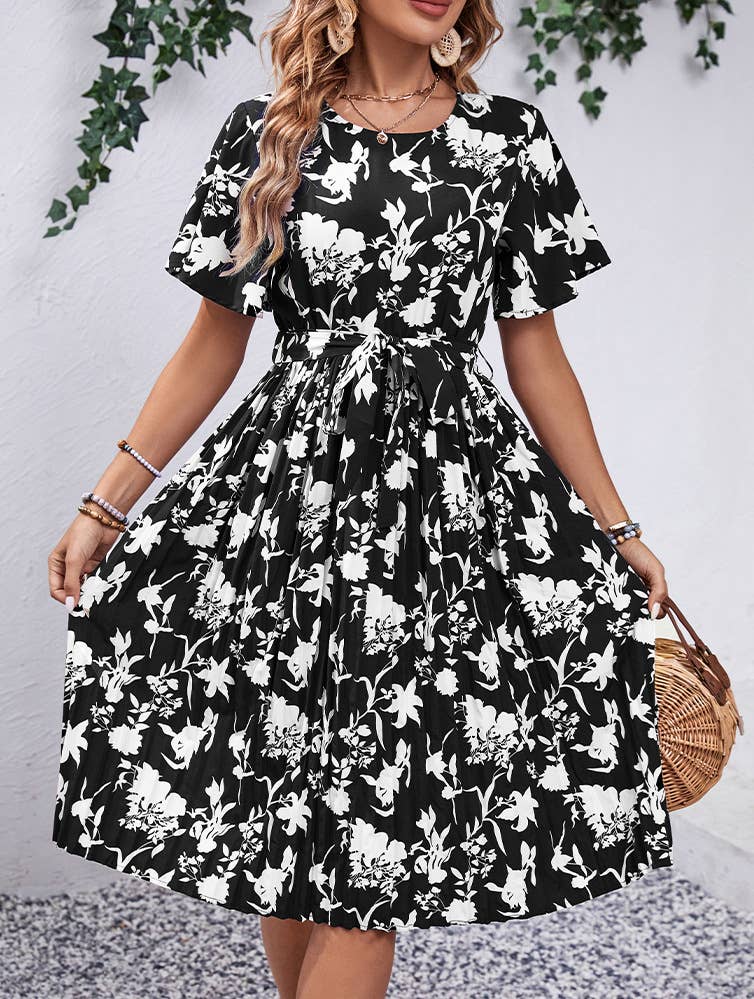 SUMMER CREW-NECK SHORT-SLEEVED PRINTED DRESS