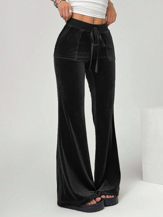 SIMPLE VELVET DRAWSTRING SKINNY WIDE-LEG PANTS