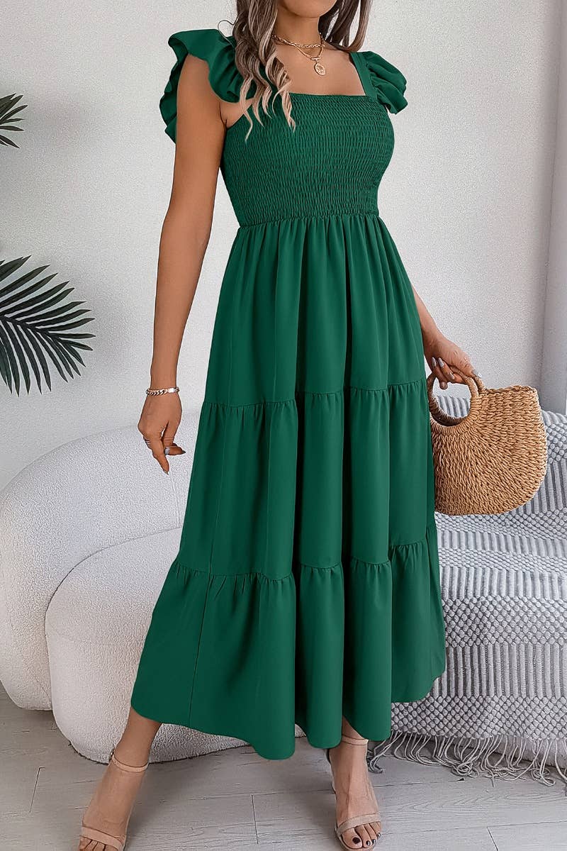 CWDMD2662_A-LINE DRESS WITH SQUARE COLLAR WOODEN EAR EDGE