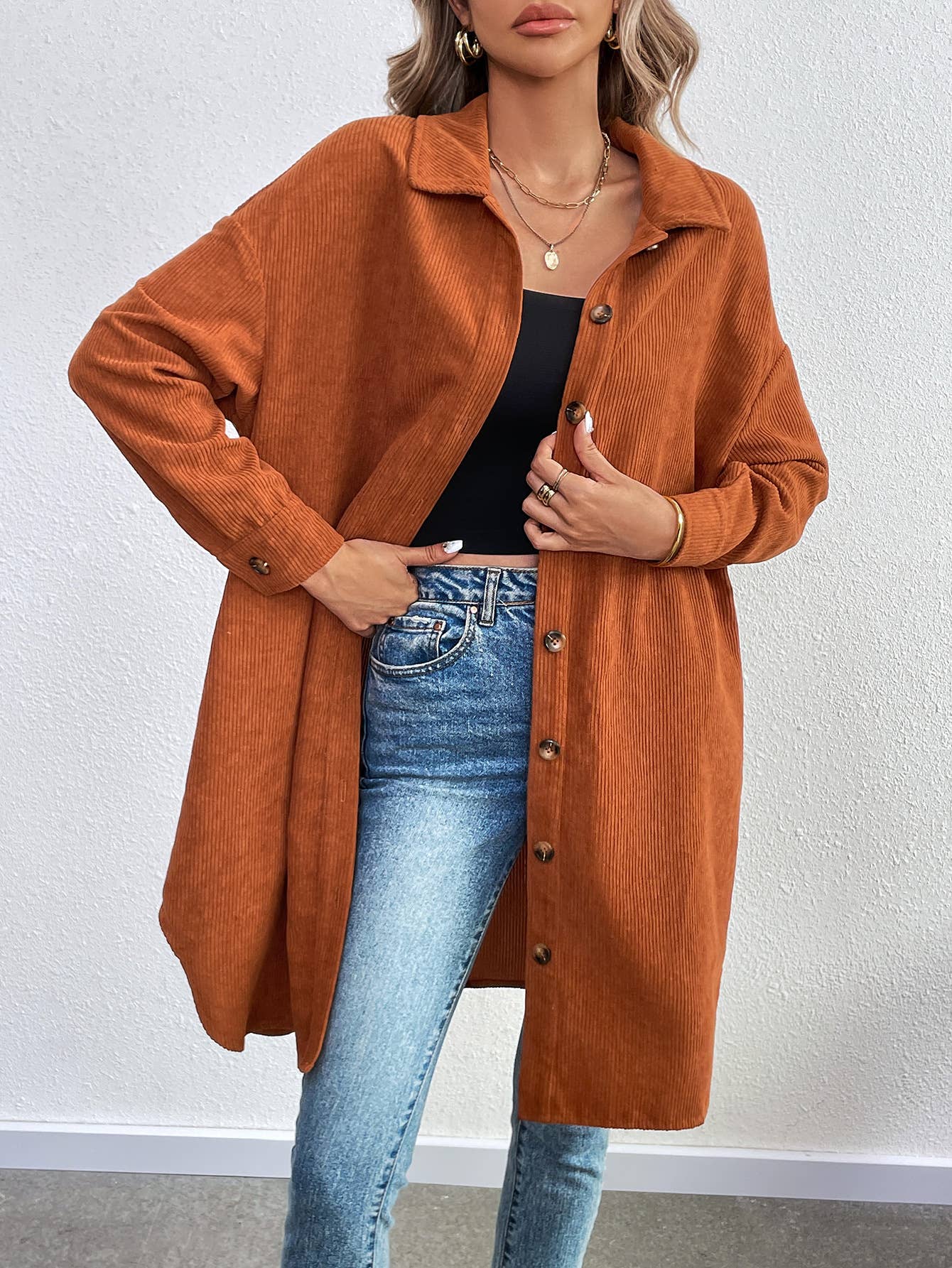 LONG SLEEVE SINGLE BREASTED CORDUROY LONG CARDIGAN