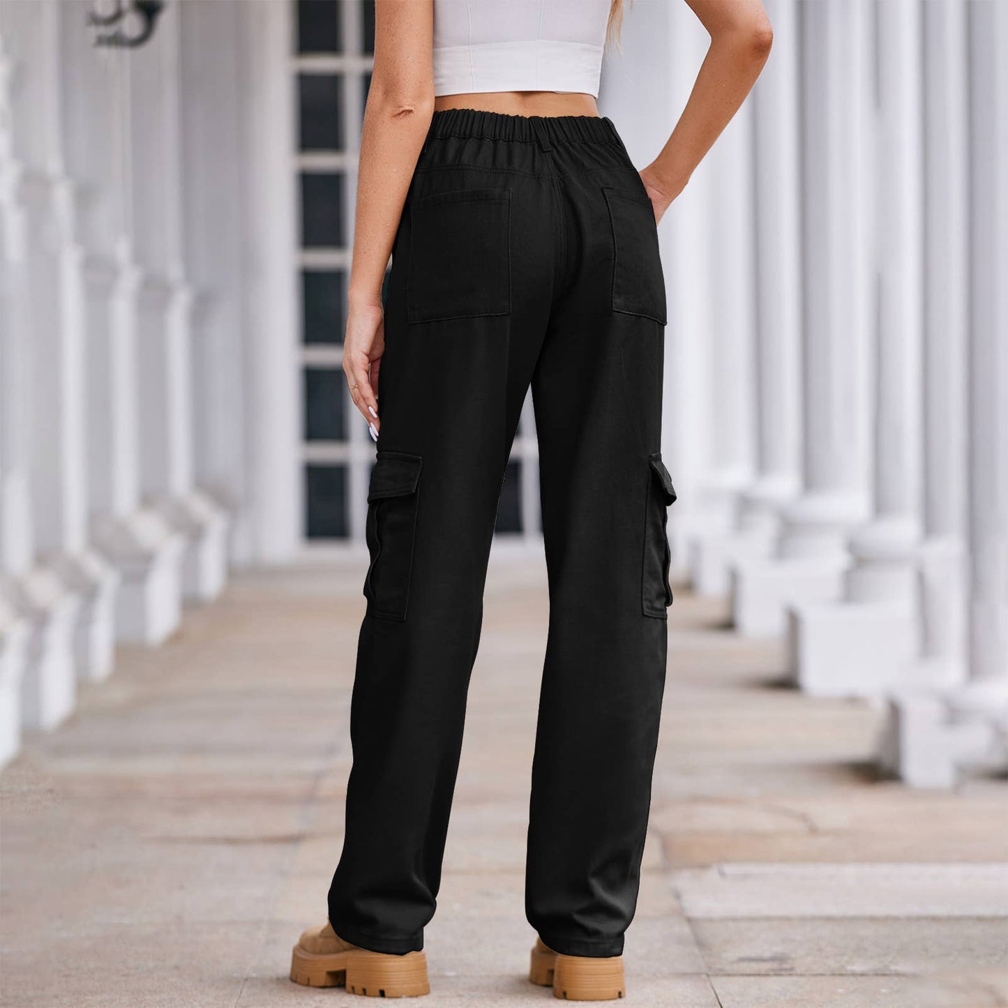 WASHED SEMI-ELASTIC-WAISTED DENIM CARGO PANTS