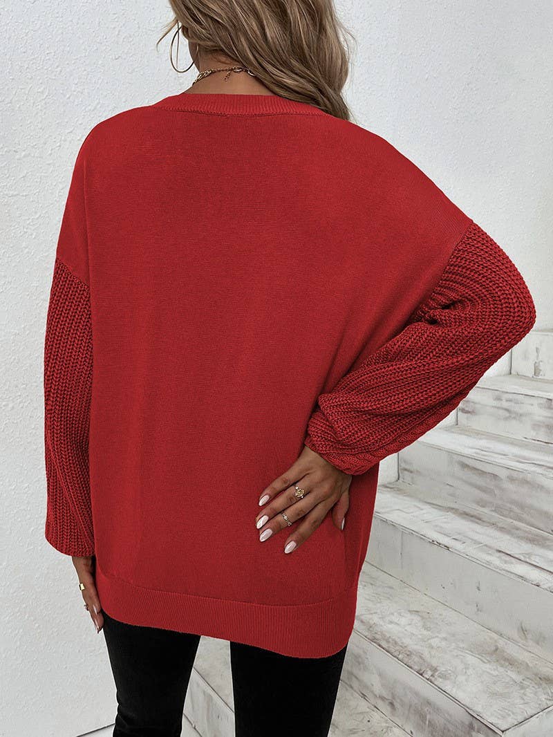 SOLID COLOR ROUND NECK LANTERN SLEEVE SWEATER