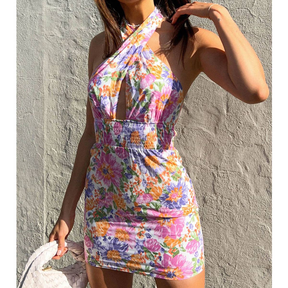SEXY HALTER SMALL FLORAL CASUAL BACKLESS DRESS