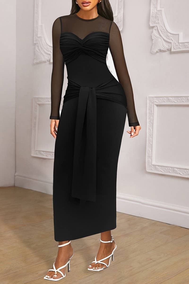 CWDMD5064_ELEGANT STITCHING SEE-THROUGH ROUND NECK DRESS